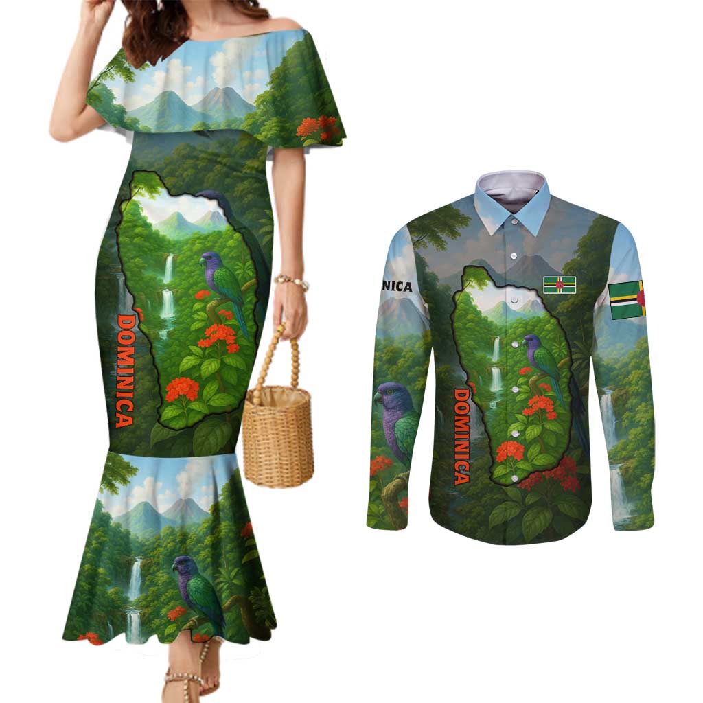 Dominica Nature Couples Matching Mermaid Dress and Long Sleeve Button Shirt Sisserou Parrot and Waterfall Island Map with National Flag Design - Wonder Print Shop