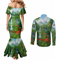 Dominica Nature Couples Matching Mermaid Dress and Long Sleeve Button Shirt Sisserou Parrot and Waterfall Island Map with National Flag Design - Wonder Print Shop
