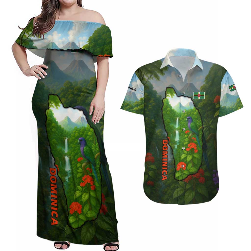 Dominica Nature Couples Matching Off Shoulder Maxi Dress and Hawaiian Shirt Sisserou Parrot and Waterfall Island Map with National Flag Design - Wonder Print Shop