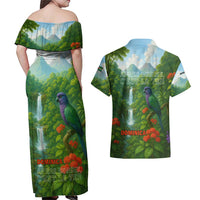Dominica Nature Couples Matching Off Shoulder Maxi Dress and Hawaiian Shirt Sisserou Parrot and Waterfall Island Map with National Flag Design - Wonder Print Shop