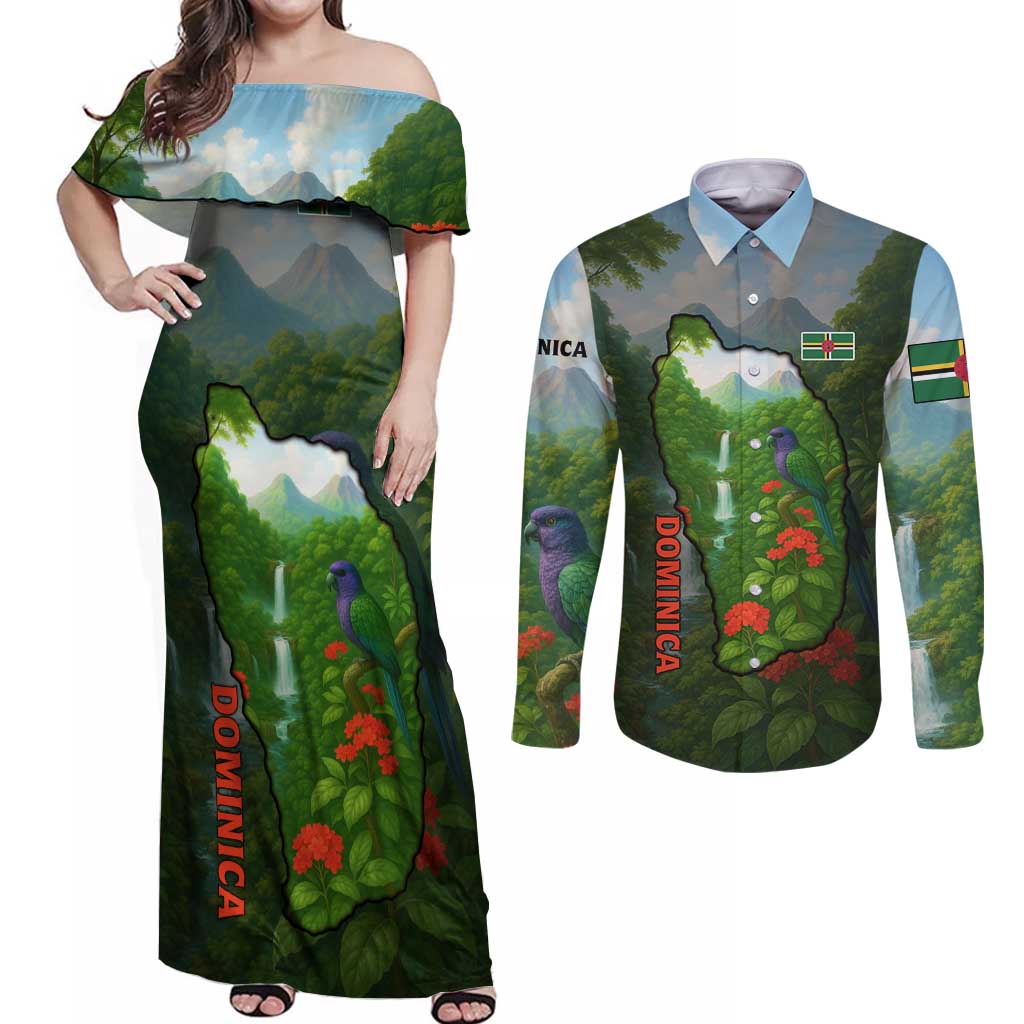 Dominica Nature Couples Matching Off Shoulder Maxi Dress and Long Sleeve Button Shirt Sisserou Parrot and Waterfall Island Map with National Flag Design - Wonder Print Shop