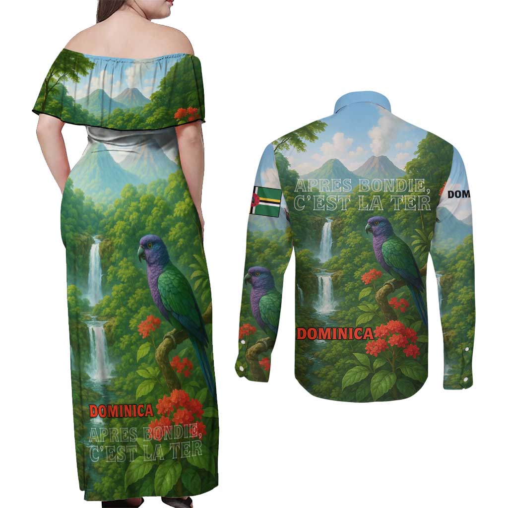 Dominica Nature Couples Matching Off Shoulder Maxi Dress and Long Sleeve Button Shirt Sisserou Parrot and Waterfall Island Map with National Flag Design - Wonder Print Shop