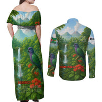 Dominica Nature Couples Matching Off Shoulder Maxi Dress and Long Sleeve Button Shirt Sisserou Parrot and Waterfall Island Map with National Flag Design - Wonder Print Shop