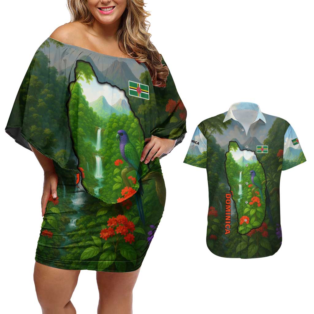 Dominica Nature Couples Matching Off Shoulder Short Dress and Hawaiian Shirt Sisserou Parrot and Waterfall Island Map with National Flag Design - Wonder Print Shop