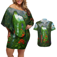 Dominica Nature Couples Matching Off Shoulder Short Dress and Hawaiian Shirt Sisserou Parrot and Waterfall Island Map with National Flag Design - Wonder Print Shop