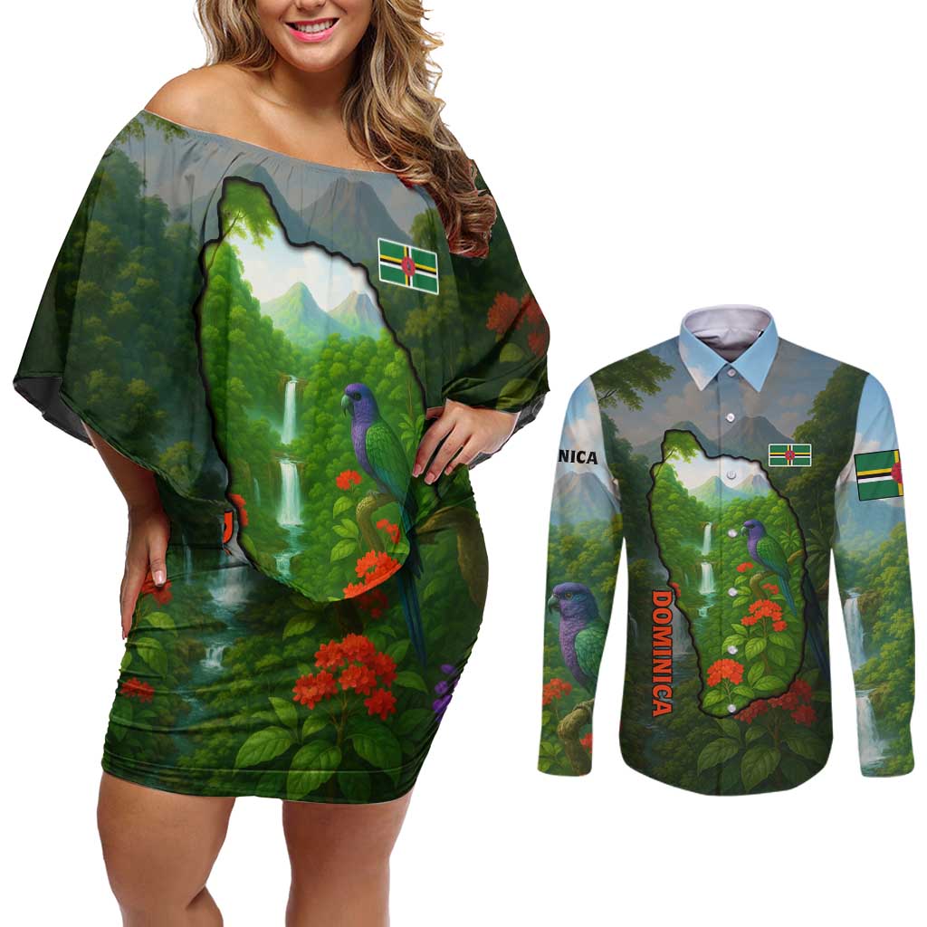 Dominica Nature Couples Matching Off Shoulder Short Dress and Long Sleeve Button Shirt Sisserou Parrot and Waterfall Island Map with National Flag Design - Wonder Print Shop