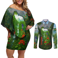 Dominica Nature Couples Matching Off Shoulder Short Dress and Long Sleeve Button Shirt Sisserou Parrot and Waterfall Island Map with National Flag Design - Wonder Print Shop