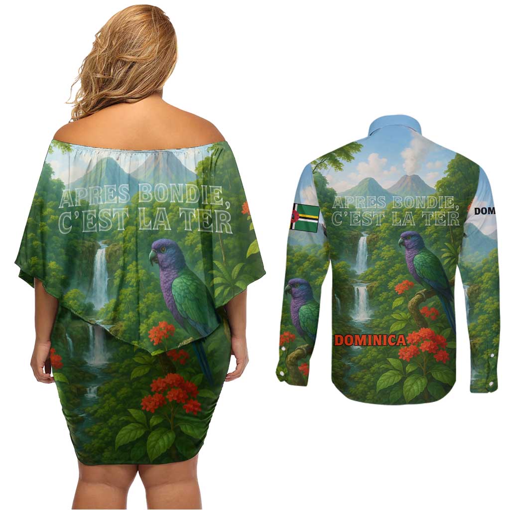 Dominica Nature Couples Matching Off Shoulder Short Dress and Long Sleeve Button Shirt Sisserou Parrot and Waterfall Island Map with National Flag Design - Wonder Print Shop