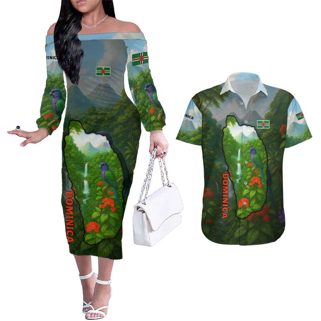 Dominica Nature Couples Matching Off The Shoulder Long Sleeve Dress and Hawaiian Shirt Sisserou Parrot and Waterfall Island Map with National Flag Design - Wonder Print Shop