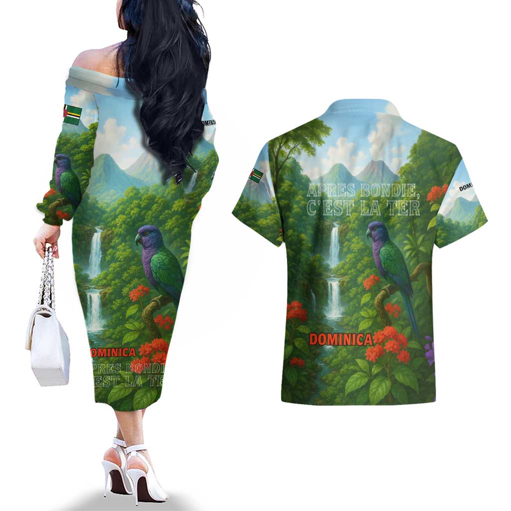 Dominica Nature Couples Matching Off The Shoulder Long Sleeve Dress and Hawaiian Shirt Sisserou Parrot and Waterfall Island Map with National Flag Design - Wonder Print Shop