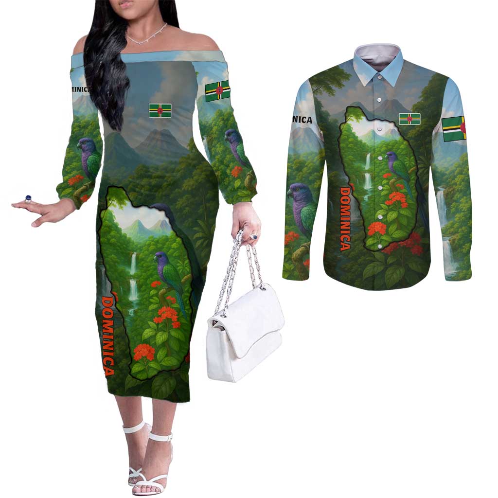 Dominica Nature Couples Matching Off The Shoulder Long Sleeve Dress and Long Sleeve Button Shirt Sisserou Parrot and Waterfall Island Map with National Flag Design - Wonder Print Shop