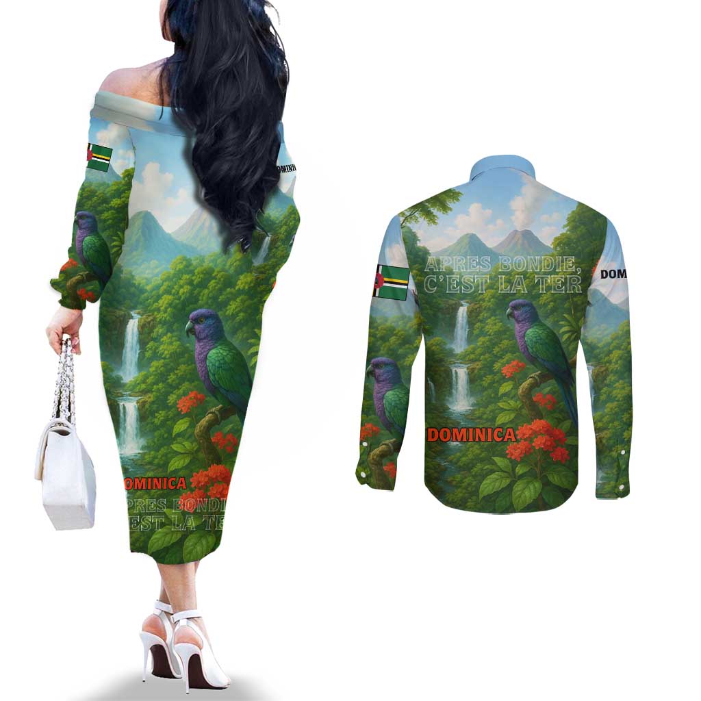 Dominica Nature Couples Matching Off The Shoulder Long Sleeve Dress and Long Sleeve Button Shirt Sisserou Parrot and Waterfall Island Map with National Flag Design - Wonder Print Shop