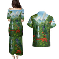 Dominica Nature Couples Matching Puletasi and Hawaiian Shirt Sisserou Parrot and Waterfall Island Map with National Flag Design - Wonder Print Shop