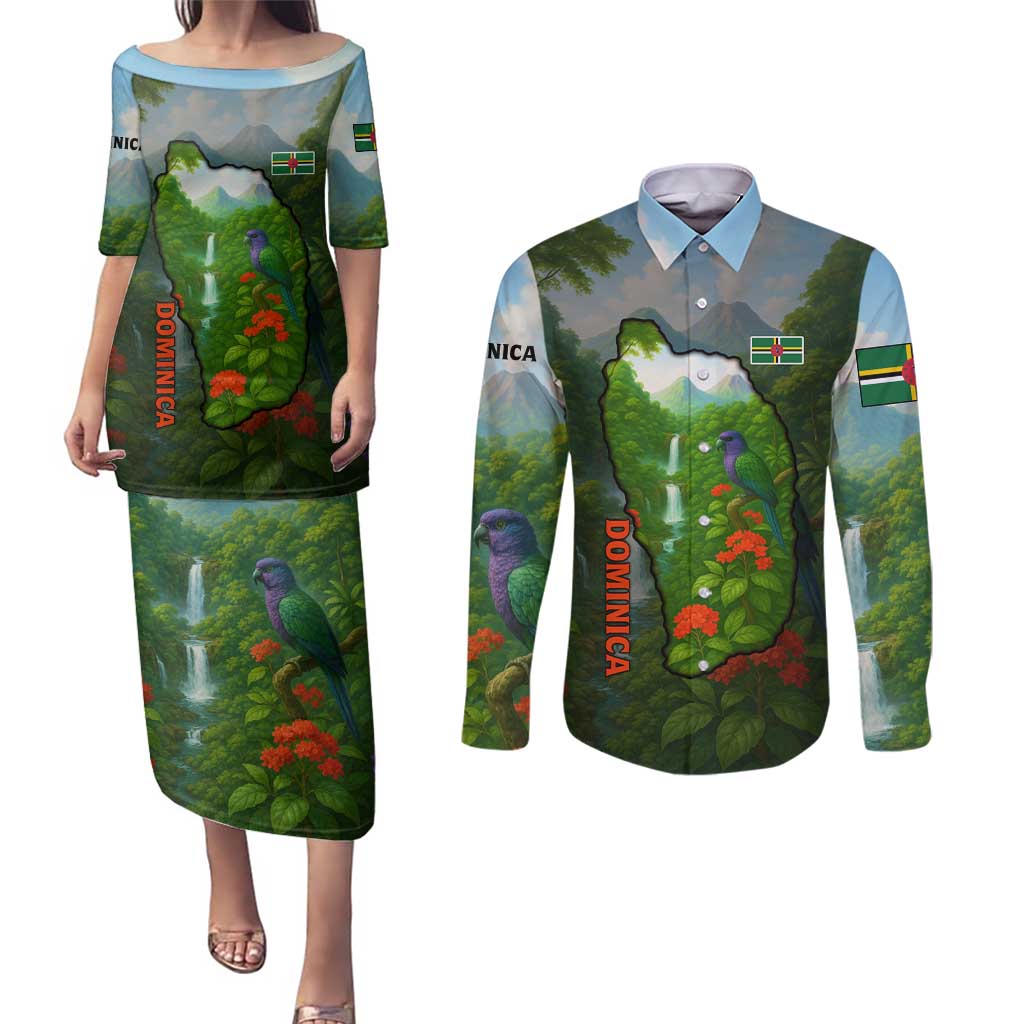 Dominica Nature Couples Matching Puletasi and Long Sleeve Button Shirt Sisserou Parrot and Waterfall Island Map with National Flag Design - Wonder Print Shop