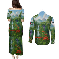 Dominica Nature Couples Matching Puletasi and Long Sleeve Button Shirt Sisserou Parrot and Waterfall Island Map with National Flag Design - Wonder Print Shop