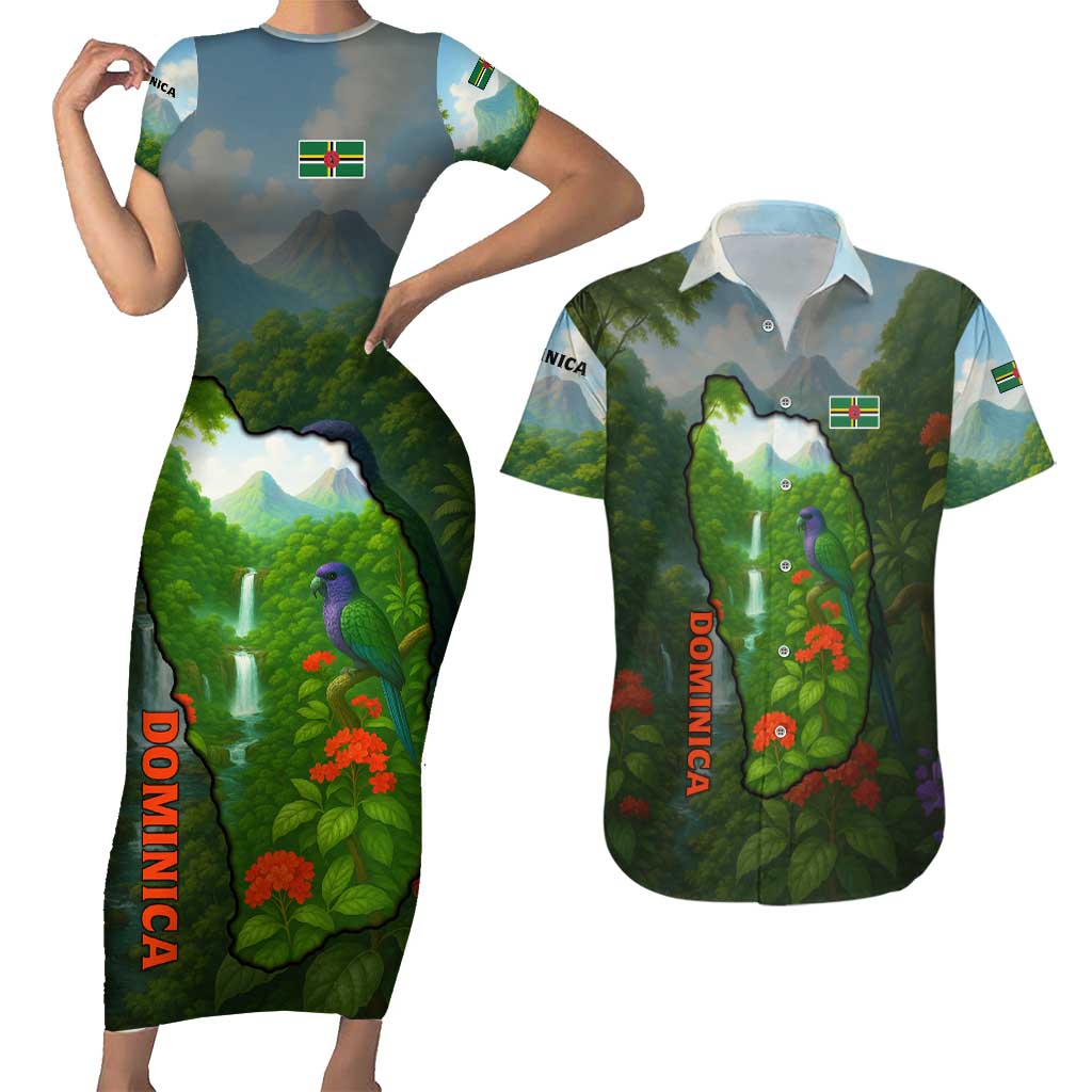 Dominica Nature Couples Matching Short Sleeve Bodycon Dress and Hawaiian Shirt Sisserou Parrot and Waterfall Island Map with National Flag Design - Wonder Print Shop