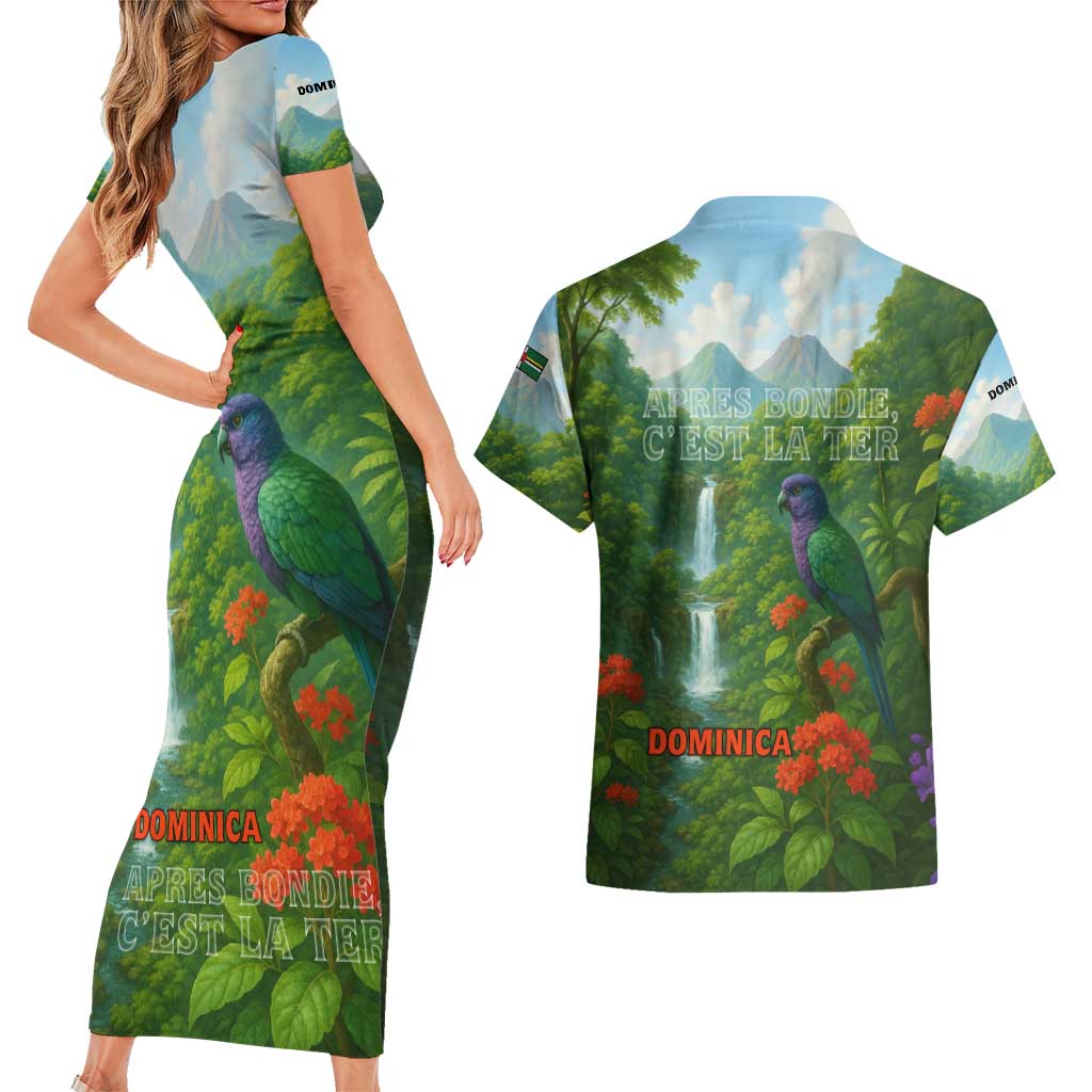 Dominica Nature Couples Matching Short Sleeve Bodycon Dress and Hawaiian Shirt Sisserou Parrot and Waterfall Island Map with National Flag Design - Wonder Print Shop