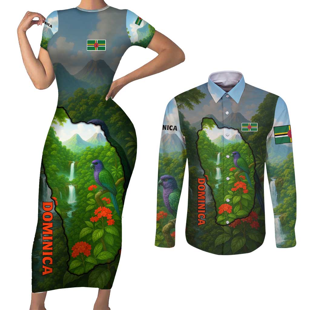 Dominica Nature Couples Matching Short Sleeve Bodycon Dress and Long Sleeve Button Shirt Sisserou Parrot and Waterfall Island Map with National Flag Design - Wonder Print Shop