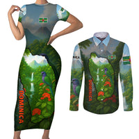 Dominica Nature Couples Matching Short Sleeve Bodycon Dress and Long Sleeve Button Shirt Sisserou Parrot and Waterfall Island Map with National Flag Design - Wonder Print Shop