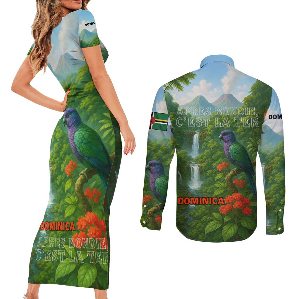 Dominica Nature Couples Matching Short Sleeve Bodycon Dress and Long Sleeve Button Shirt Sisserou Parrot and Waterfall Island Map with National Flag Design - Wonder Print Shop