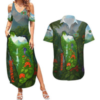 Dominica Nature Couples Matching Summer Maxi Dress and Hawaiian Shirt Sisserou Parrot and Waterfall Island Map with National Flag Design - Wonder Print Shop