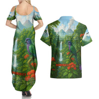 Dominica Nature Couples Matching Summer Maxi Dress and Hawaiian Shirt Sisserou Parrot and Waterfall Island Map with National Flag Design - Wonder Print Shop