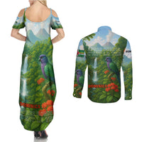 Dominica Nature Couples Matching Summer Maxi Dress and Long Sleeve Button Shirt Sisserou Parrot and Waterfall Island Map with National Flag Design - Wonder Print Shop