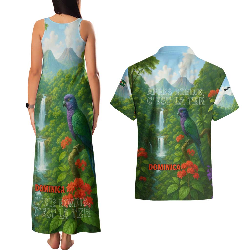 Dominica Nature Couples Matching Tank Maxi Dress and Hawaiian Shirt Sisserou Parrot and Waterfall Island Map with National Flag Design - Wonder Print Shop