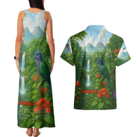 Dominica Nature Couples Matching Tank Maxi Dress and Hawaiian Shirt Sisserou Parrot and Waterfall Island Map with National Flag Design - Wonder Print Shop