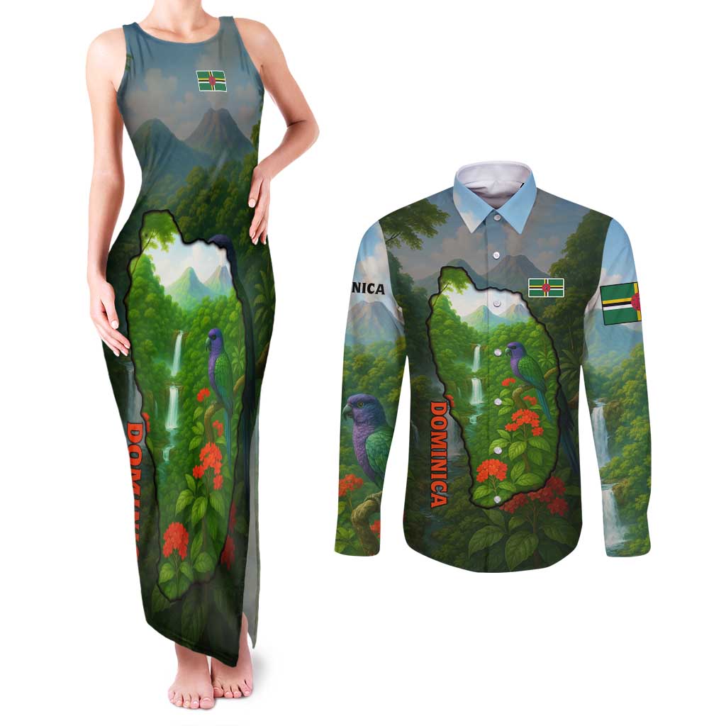 Dominica Nature Couples Matching Tank Maxi Dress and Long Sleeve Button Shirt Sisserou Parrot and Waterfall Island Map with National Flag Design - Wonder Print Shop