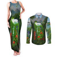 Dominica Nature Couples Matching Tank Maxi Dress and Long Sleeve Button Shirt Sisserou Parrot and Waterfall Island Map with National Flag Design - Wonder Print Shop