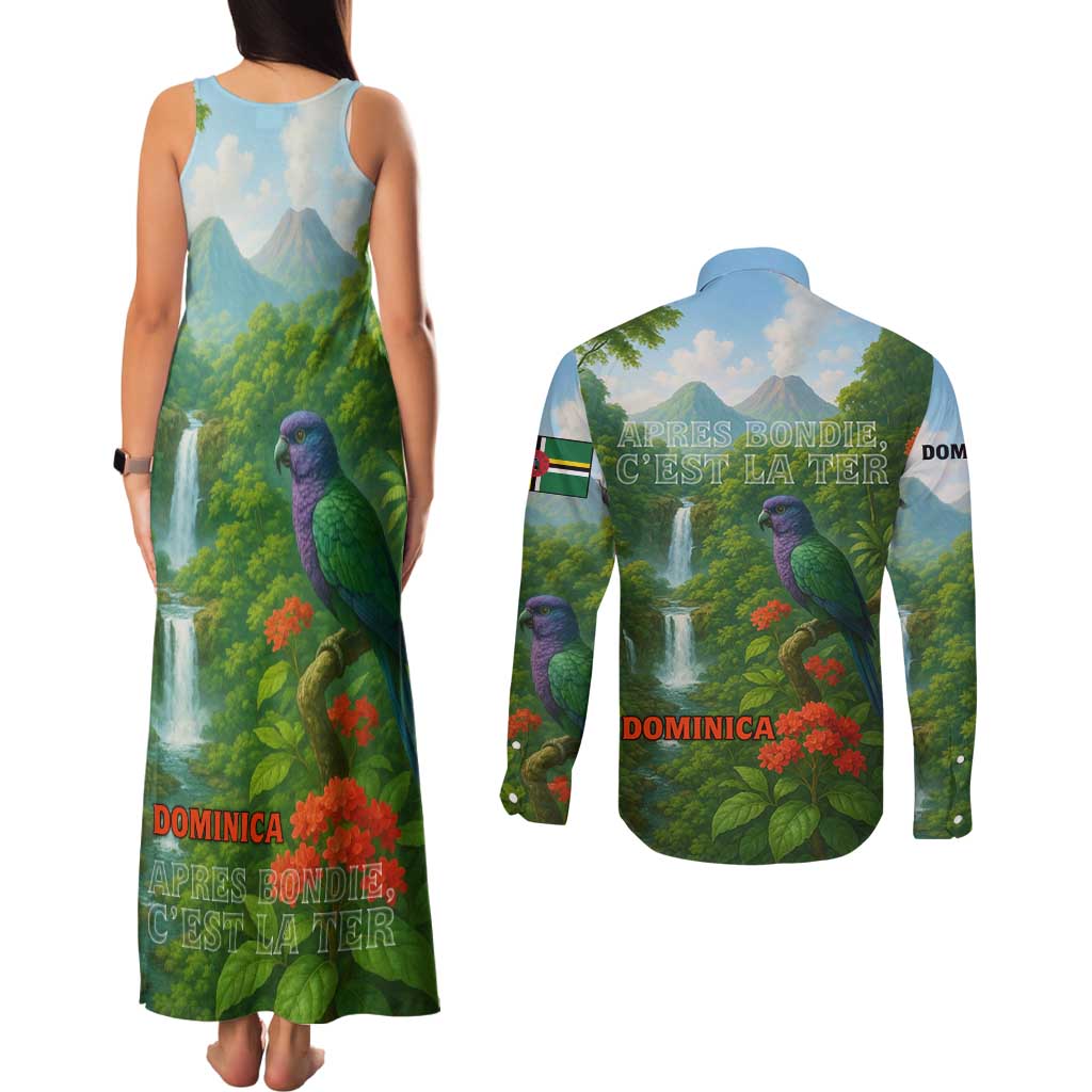 Dominica Nature Couples Matching Tank Maxi Dress and Long Sleeve Button Shirt Sisserou Parrot and Waterfall Island Map with National Flag Design - Wonder Print Shop