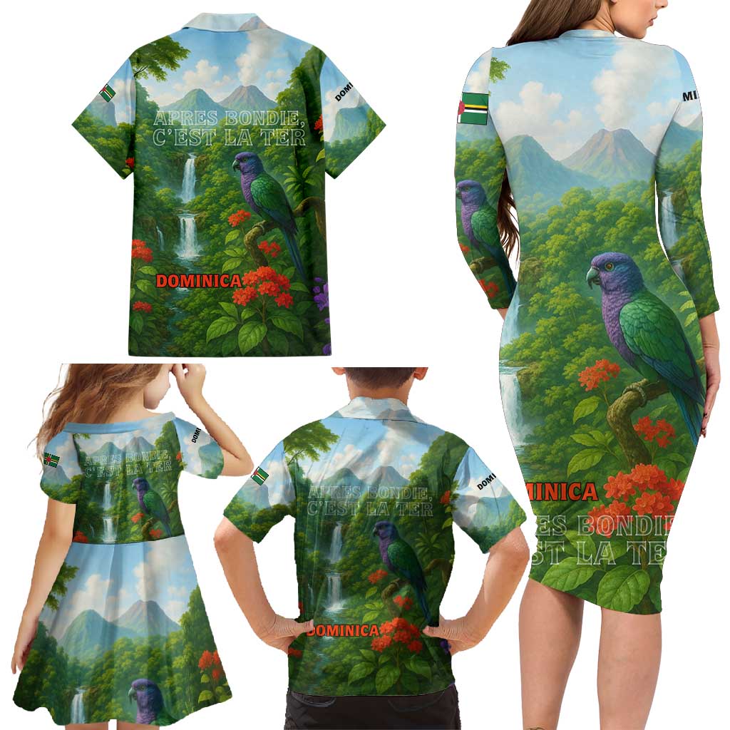 Dominica Nature Family Matching Long Sleeve Bodycon Dress and Hawaiian Shirt Sisserou Parrot and Waterfall Island Map with National Flag Design - Wonder Print Shop