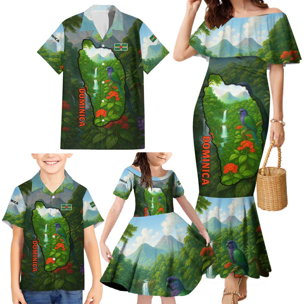 Dominica Nature Family Matching Mermaid Dress and Hawaiian Shirt Sisserou Parrot and Waterfall Island Map with National Flag Design - Wonder Print Shop
