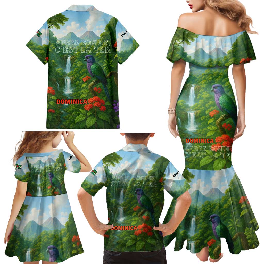 Dominica Nature Family Matching Mermaid Dress and Hawaiian Shirt Sisserou Parrot and Waterfall Island Map with National Flag Design - Wonder Print Shop