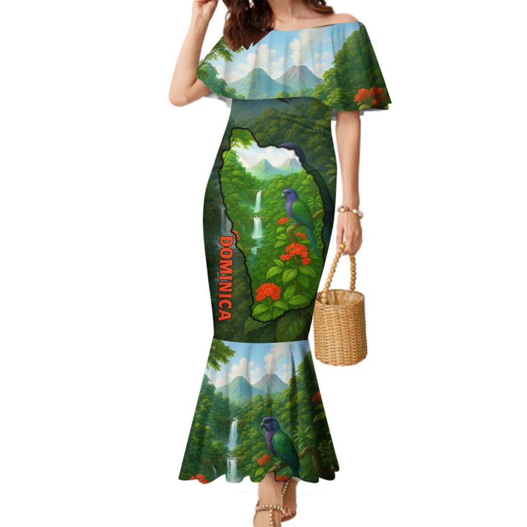 Dominica Nature Family Matching Mermaid Dress and Hawaiian Shirt Sisserou Parrot and Waterfall Island Map with National Flag Design - Wonder Print Shop