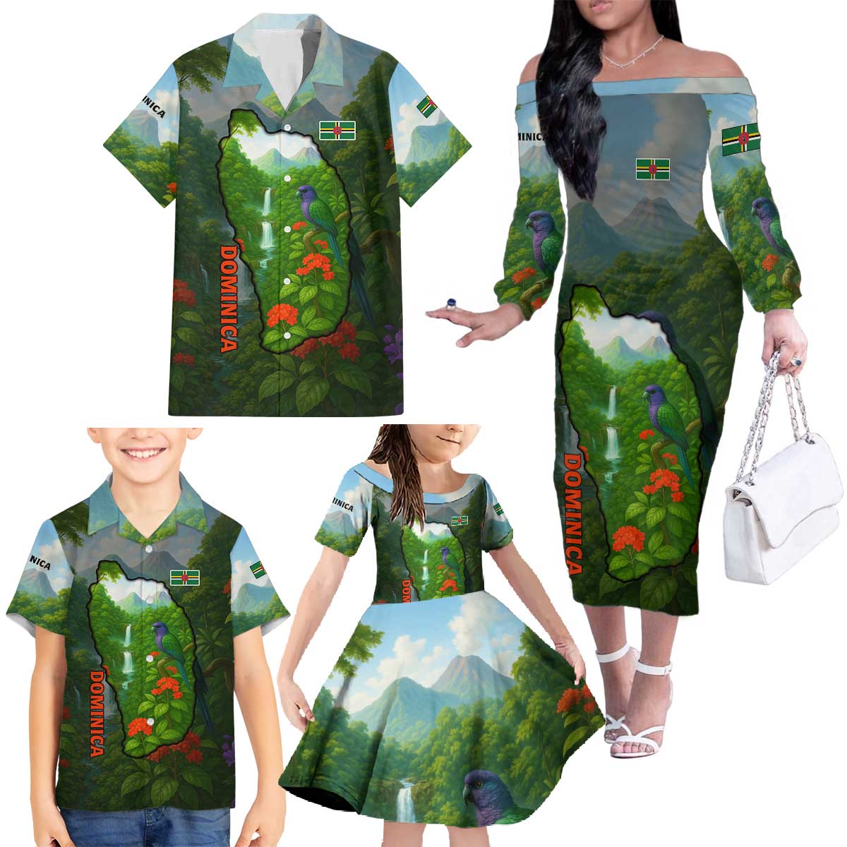 Dominica Nature Family Matching Off The Shoulder Long Sleeve Dress and Hawaiian Shirt Sisserou Parrot and Waterfall Island Map with National Flag Design - Wonder Print Shop