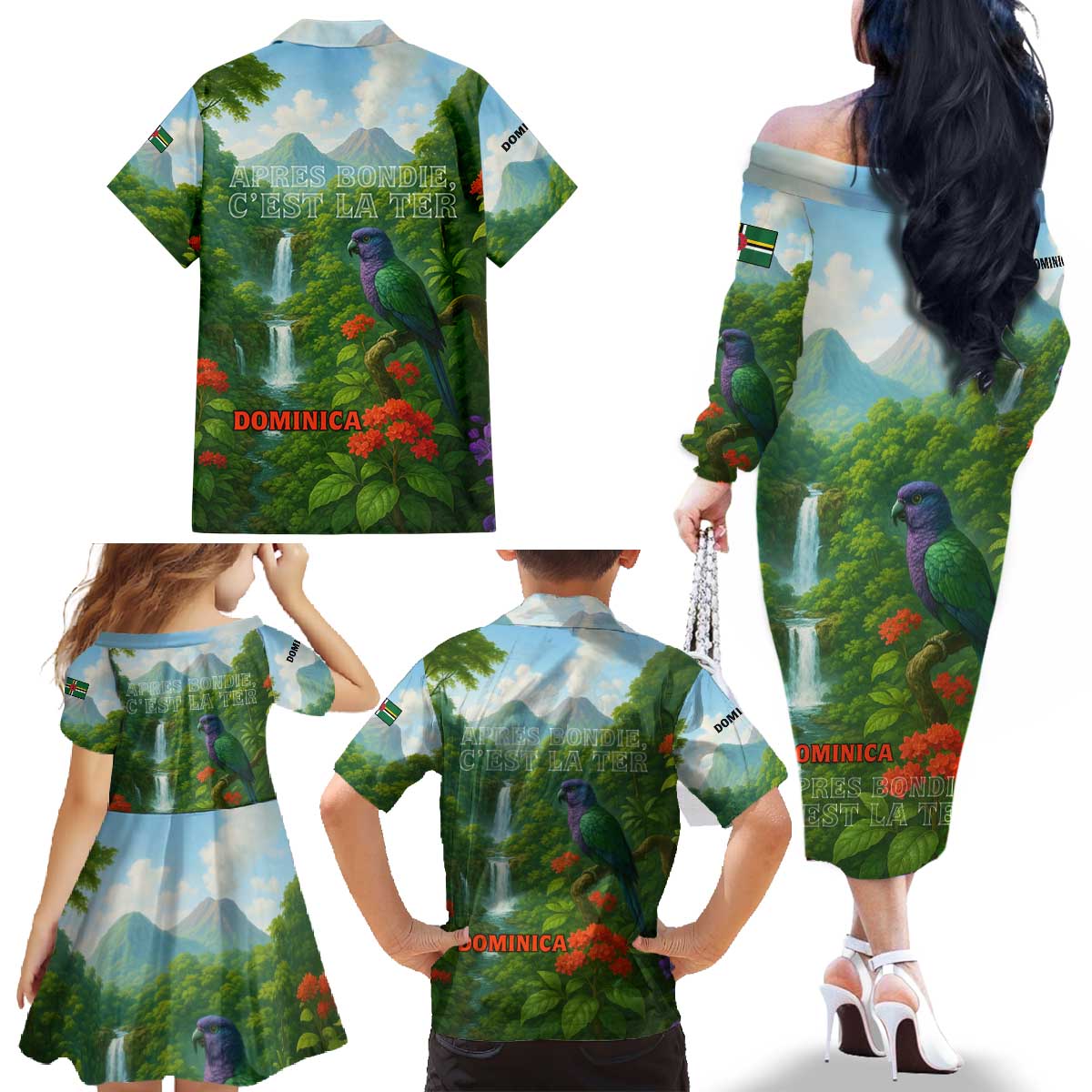 Dominica Nature Family Matching Off The Shoulder Long Sleeve Dress and Hawaiian Shirt Sisserou Parrot and Waterfall Island Map with National Flag Design - Wonder Print Shop