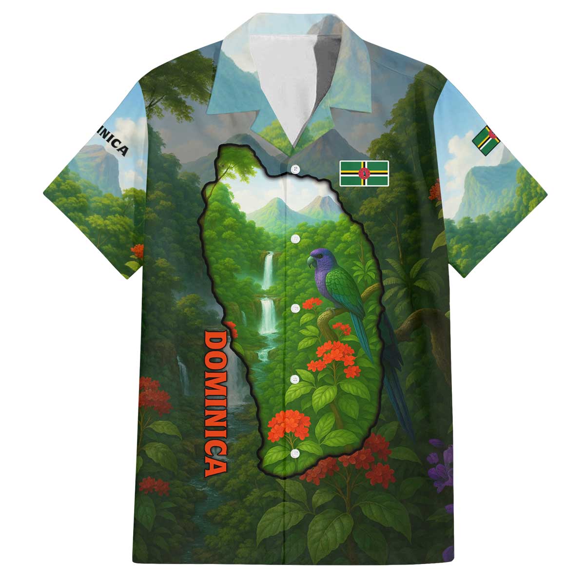 Dominica Nature Family Matching Off The Shoulder Long Sleeve Dress and Hawaiian Shirt Sisserou Parrot and Waterfall Island Map with National Flag Design - Wonder Print Shop