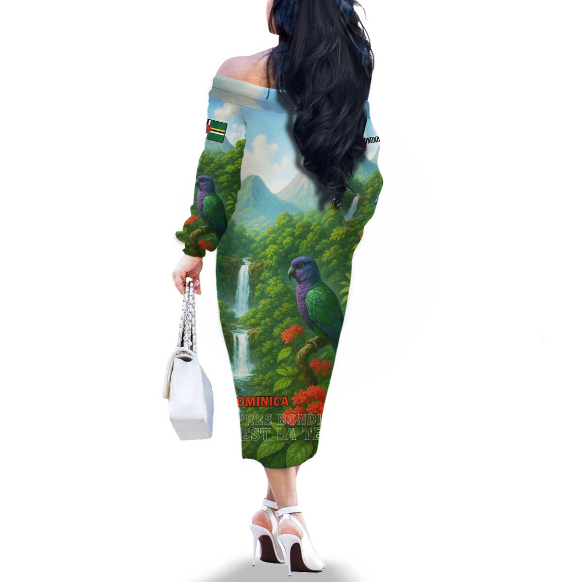 Dominica Nature Family Matching Off The Shoulder Long Sleeve Dress and Hawaiian Shirt Sisserou Parrot and Waterfall Island Map with National Flag Design - Wonder Print Shop