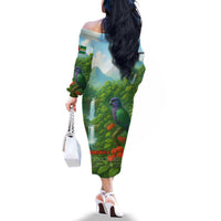 Dominica Nature Family Matching Off The Shoulder Long Sleeve Dress and Hawaiian Shirt Sisserou Parrot and Waterfall Island Map with National Flag Design - Wonder Print Shop