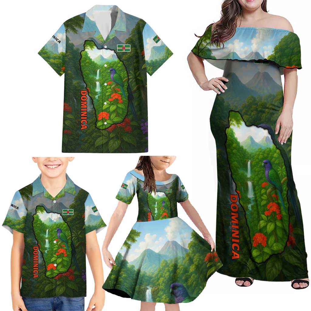 Dominica Nature Family Matching Off Shoulder Maxi Dress and Hawaiian Shirt Sisserou Parrot and Waterfall Island Map with National Flag Design - Wonder Print Shop