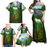 Dominica Nature Family Matching Off Shoulder Maxi Dress and Hawaiian Shirt Sisserou Parrot and Waterfall Island Map with National Flag Design - Wonder Print Shop
