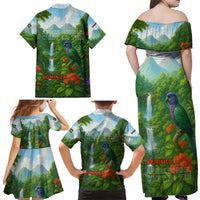 Dominica Nature Family Matching Off Shoulder Maxi Dress and Hawaiian Shirt Sisserou Parrot and Waterfall Island Map with National Flag Design - Wonder Print Shop