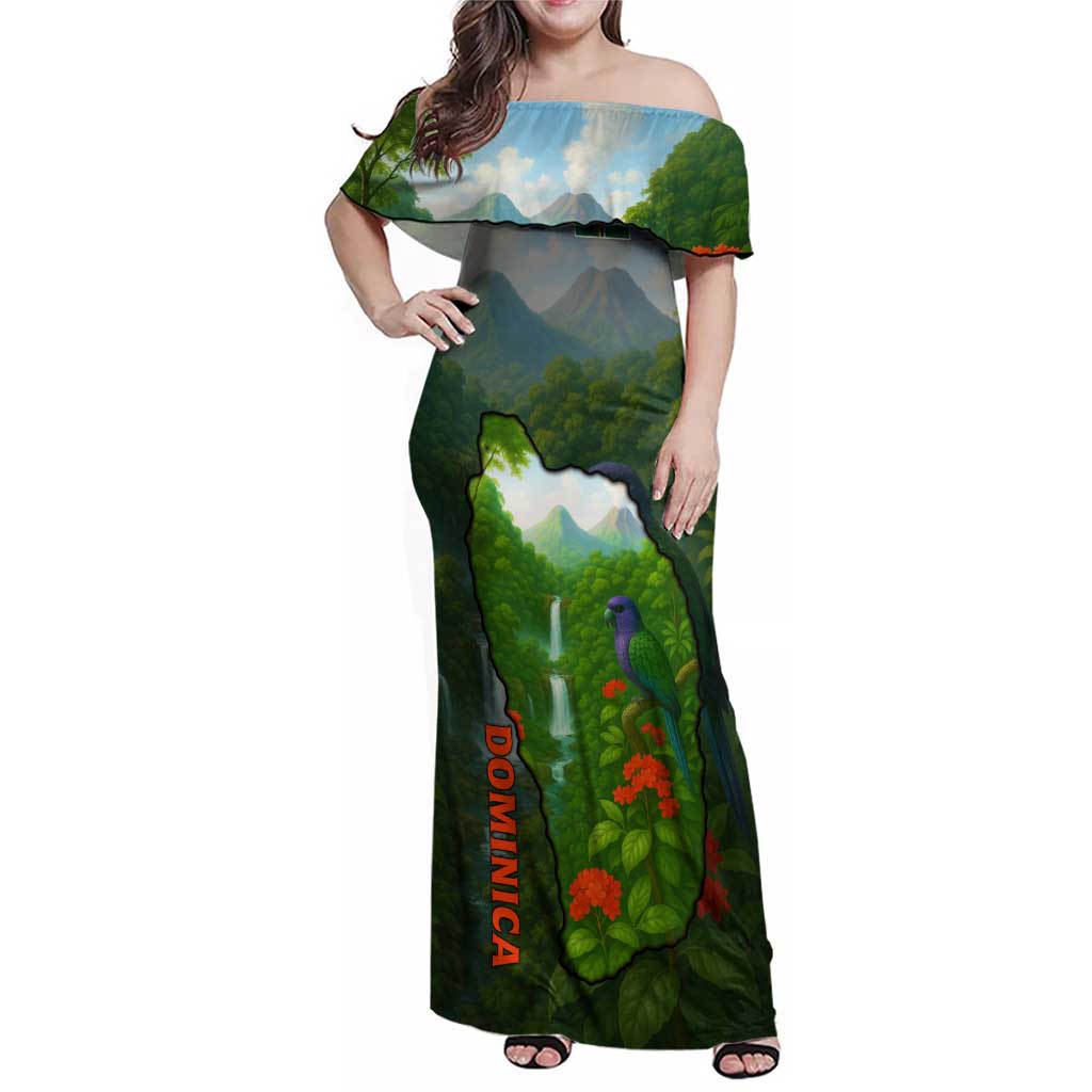 Dominica Nature Family Matching Off Shoulder Maxi Dress and Hawaiian Shirt Sisserou Parrot and Waterfall Island Map with National Flag Design - Wonder Print Shop