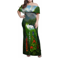 Dominica Nature Family Matching Off Shoulder Maxi Dress and Hawaiian Shirt Sisserou Parrot and Waterfall Island Map with National Flag Design - Wonder Print Shop