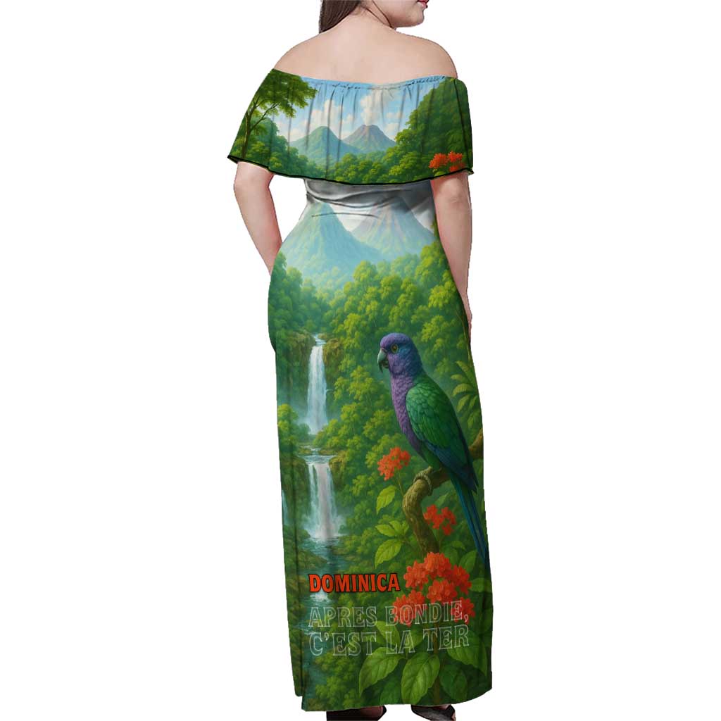 Dominica Nature Family Matching Off Shoulder Maxi Dress and Hawaiian Shirt Sisserou Parrot and Waterfall Island Map with National Flag Design - Wonder Print Shop
