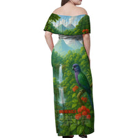 Dominica Nature Family Matching Off Shoulder Maxi Dress and Hawaiian Shirt Sisserou Parrot and Waterfall Island Map with National Flag Design - Wonder Print Shop
