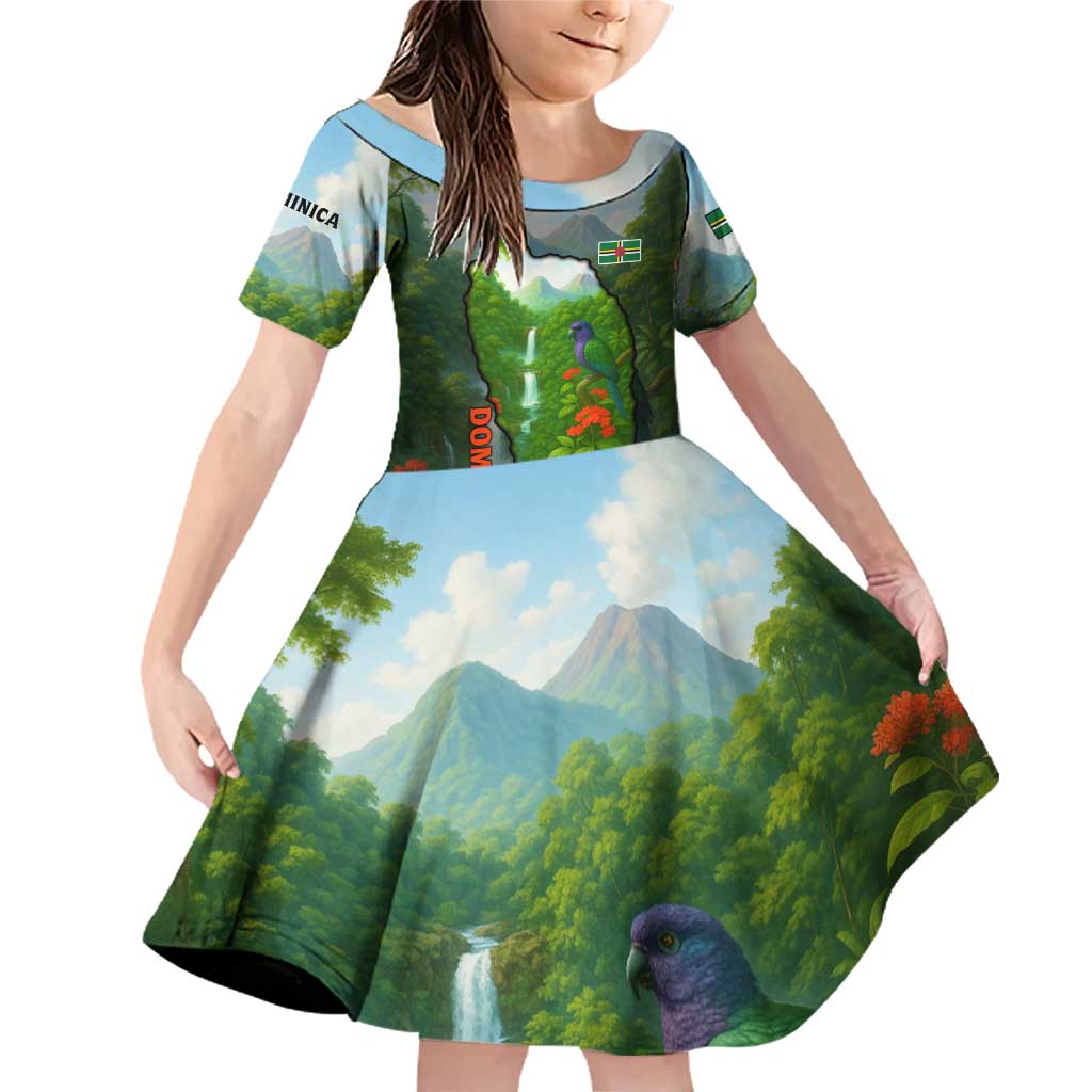 Dominica Nature Family Matching Off Shoulder Short Dress and Hawaiian Shirt Sisserou Parrot and Waterfall Island Map with National Flag Design - Wonder Print Shop
