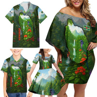 Dominica Nature Family Matching Off Shoulder Short Dress and Hawaiian Shirt Sisserou Parrot and Waterfall Island Map with National Flag Design - Wonder Print Shop